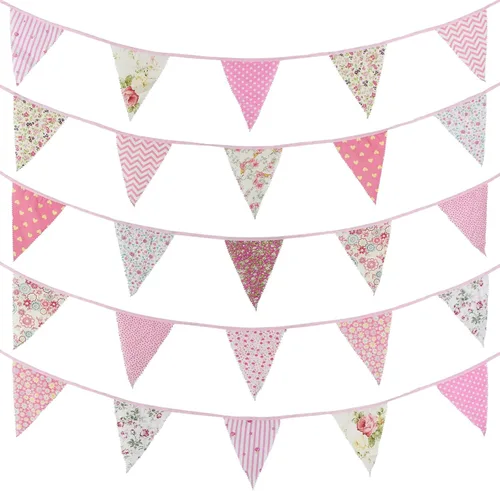 Zwiebeco Banderín de tela floral rosa de 39 pies, bandera triangular, decoración de fiesta, de algodón, rústico, vintage, guirnaldas, banderines