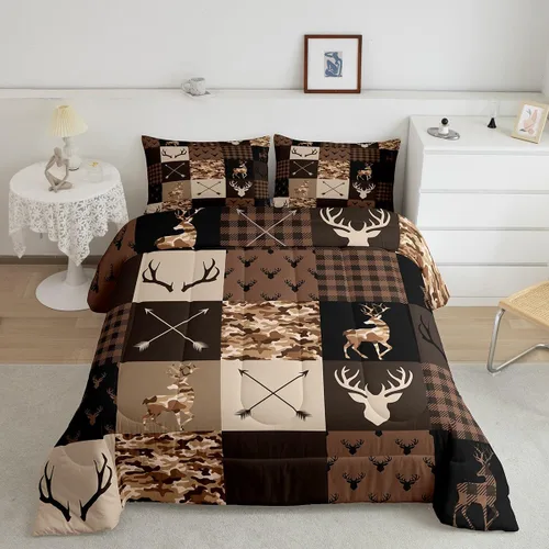 Miniatura 171 de Juego de edredón de cuernos de ciervo tamaño individual, juego de ropa de cama rústica de granja con huellas de oso y pinos para decoración