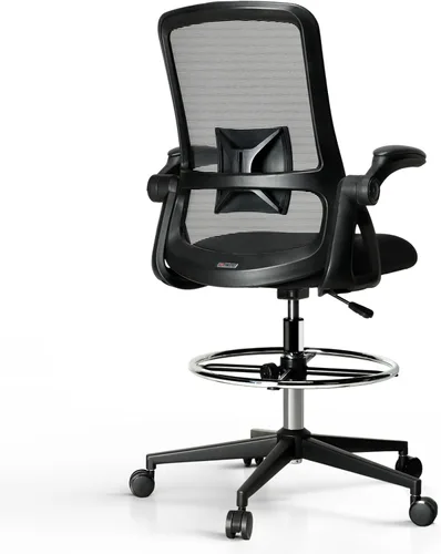 Miniatura 9 de Silla de dibujo, silla de oficina alta con soporte lumbar, silla de oficina alta con reposabrazos abatibles, silla de escritorio de pie con anillo