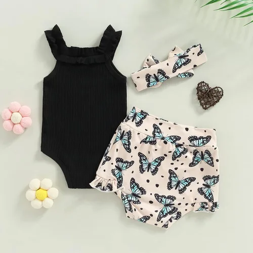 Miniatura 160 de TheFound Trajes de verano para niñas pequeñas, sin mangas, de punto acanalado, halter, pantalones cortos, ropa para recién nacidos, conjunto de 3