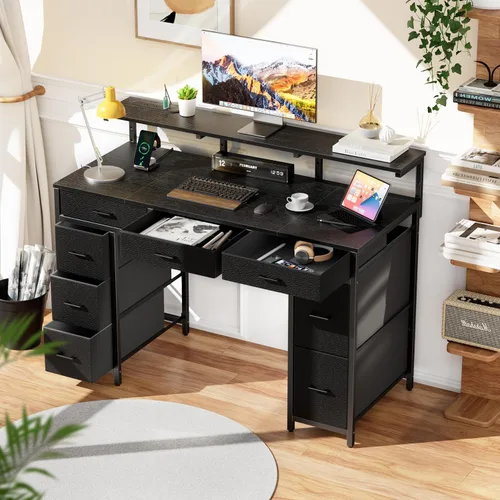 Miniatura 2 de HLDIRECT Escritorio de computadora de 47 pulgadas con 8 cajones de almacenamiento, escritorio para juegos con luces LED y tomas de corriente USB