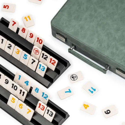 Miniatura 11 de Juego de Rummy, 2 a 4 jugadores con 106 fichas y 4 bastidores, juego de viaje Rummy con funda de piel sintética, divertidos juegos de mesa clásicos