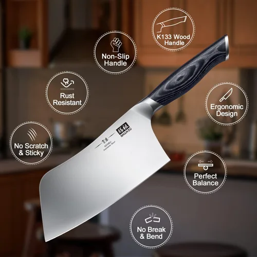 Miniatura 3 de SHAN ZU Cuchillo de Chef de 7 Pulgadas, Cuchillo Cortador de Carne Afilado Picador de Verduras Cuchillo de Cocina Profesional Japonés de Acero