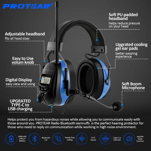 Miniatura 2 de Auriculares de radio AM FM mejorados con Bluetooth 5.4, orejeras de seguridad NRR de 25 dB para reducción de ruido, auriculares digitales