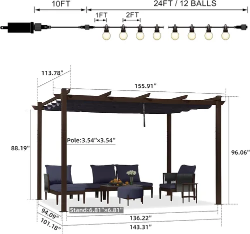 Miniatura 6 de PURPLE LEAF Pérgola Retráctil de 10' x 13' para Exteriores de Aluminio Blanco con Toldo de Sombra para Patio Refugio Moderno Marrón para Jardín