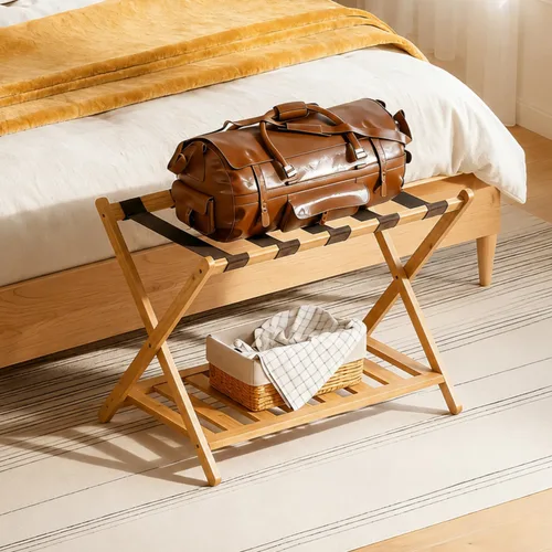 Miniatura 11 de BAMBOOHOMIE Portaequipajes completamente montado de 26.77 pulgadas de largo para habitación de invitados, juego de 2 soportes plegables para maletas