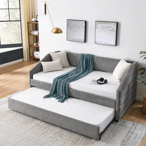 Miniatura 10 de Flieks Sofá cama tapizado de tamaño individual con nido, sofá cama tapizado de tela de lino, cama nido con ruedas y marco de madera, no necesita