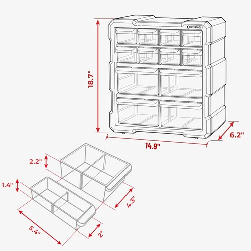 Miniatura 2 de INTERTOOL Organizador de piezas pequeñas – 12 cajones de contenedores extraíbles – Caja de herramientas para almacenar hardware y organización