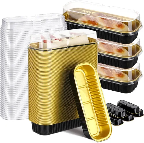 Qunclay 200 mini moldes de papel de aluminio con tapas, 6.8 onzas, mini molde desechable para pasteles con tapa, tazas rectangulares para hornear