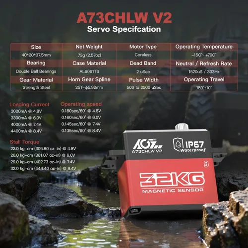 Miniatura 2 de AGFRC Servo RC de alto par de torsión impermeable IP67 de 70.5 lbs - Servo de dirección sin núcleo de engranaje de metal completo para 1/10 RC Car