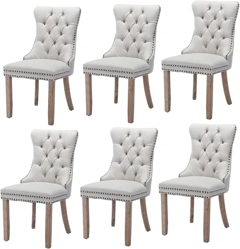 Miniatura 22 de Juego de 6 sillas de comedor modernas para sala de estar, cocina, patas de madera maciza, cojín acolchado de tela de lino, asiento y respaldo