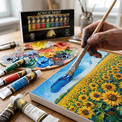 Miniatura 7 de Juego de pintura acrílica. Pinturas artísticas de calidad para pintar lona, madera, arcilla, tela, uñas, cerámica y artesanías. 12 colores vibrantes