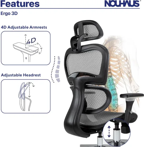Miniatura 9 de Nouhaus Ergo3D - Silla de oficina ergonómica con soporte lumbar de malla con reposabrazos ajustable 4D, reposacabezas y ruedas ajustables, respaldo