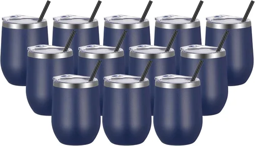 Miniatura 8 de VEGOND - Vaso de vino de acero inoxidable de 12 onzas con tapa y popote, vaso de vidrio de vino aislado de doble pared sin tallo, taza de café
