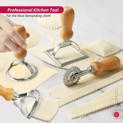 Miniatura 2 de ARTPICO - Juego de 5 ruedas para hacer pasta, mango de madera, borde acanalado para ravioles, cortador de prensa de pastelería, lasaña, Pierogi