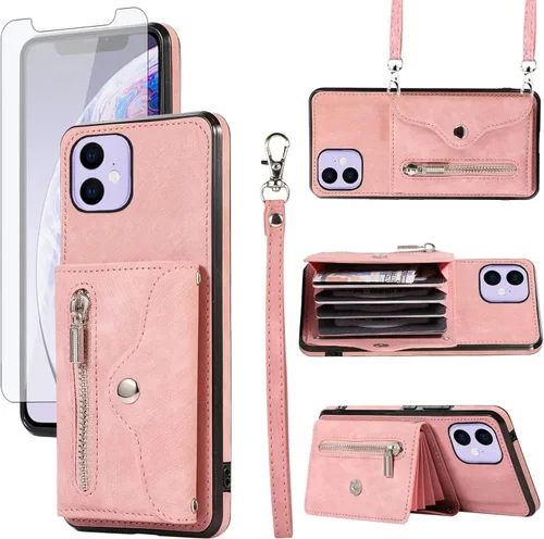 Miniatura 8 de Asuwish Funda de teléfono para iPhone 11 6.1 con correa cruzada para muñeca, soporte para tarjetas de crédito, accesorios de celda de cuero