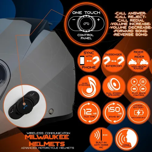Miniatura 4 de Milwaukee Helmets H7010 Flat Grey Mayday Modular Casco de motocicleta inalámbrico de cara completa - Stream Music-Llamadas telefónicas