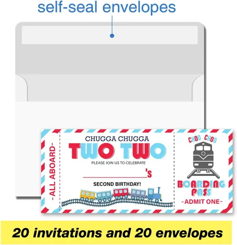 Miniatura 3 de VAHATAN Invitaciones de fiesta de segundo cumpleaños con sobres, paquete de 20 invitaciones de tren para fiesta de segundo cumpleaños con sobres, 9