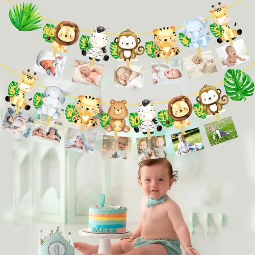 Miniatura 7 de Safair - Cartel de fotos de 1er cumpleaños de animales de safari en la selva, suministros para fiestas