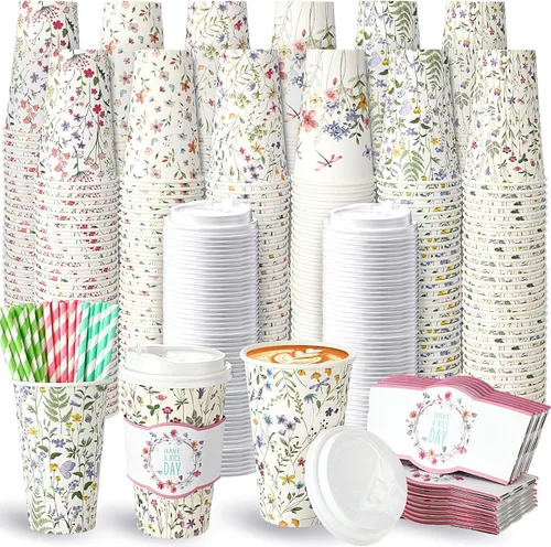 Jingmore Juego de 120 tazas de café de papel desechables de 16 onzas con tapas, fundas para pajitas, vasos de papel para bebidas frías calientes,