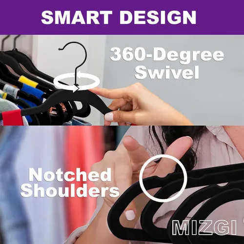 Miniatura 3 de MIZGI - Ganchos de terciopelo color negro, paquete de 50 unidades, ganchos de fieltro antideslizantes de alta resistencia para trajes y abrigos