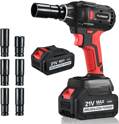 AOBEN Llave de impacto inalámbrica de 21 V, potente motor sin escobillas con destornillador cuadrado de 1/2 pulgada, máximo 300 torque ft-lbs (400