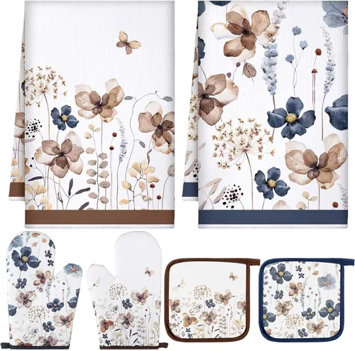Teenyyou Juego de 6 toallas de cocina con estampado floral de amapola marrón primavera, guantes de horno y agarraderas, decoración de flores
