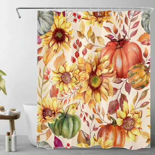 LB Rustic Autumn Shower Curtain for Bathroom,Watercolor Pumpkin Sunflower Floral and Fall Leaves on Beige Fabric Shower Curtain with Hooks,Farmhouse