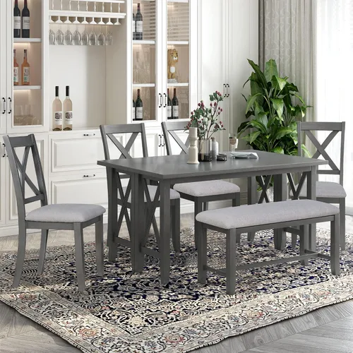Miniatura 16 de LUMISOL Juego de 6 mesas de comedor de estilo rústico para 6, mesa de cocina de madera maciza de 60 pulgadas con banco y 4 sillas, acabado marrón