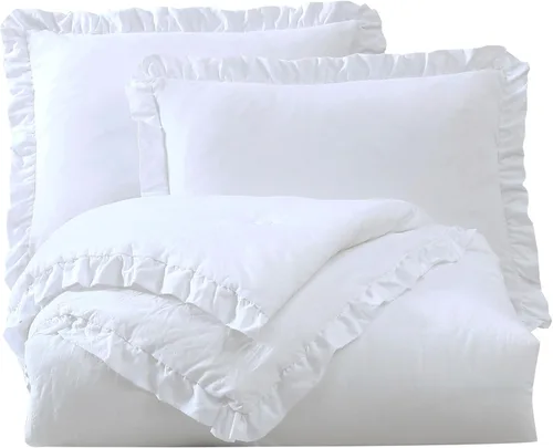 Miniatura 9 de Chezmoi Collection Nora Juego de edredón Blanco Tamaño King de 3 piezas, Suave y Esponjoso, con Ribete de Volados Estilo Shabby Chic Lavado