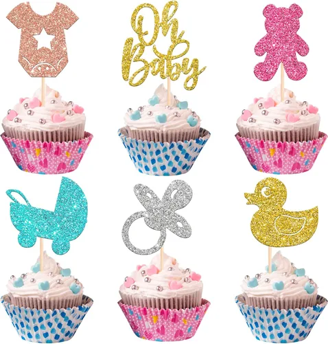 Miniatura 23 de 24 piezas Oh Baby Cupcake Toppers Glitter Baby Shower Cupcake Picks Reveal Género Decoración de Pasteles para Baby Shower Niños Niñas Fiesta de Azul