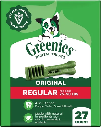 Greenies Golosinas dentales naturales para perros adultos recomendadas por veterinarios, tamaño regular, sabor original, paquete de 27 onzas, 27