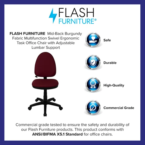 Miniatura 2 de Flash Furniture Silla de oficina ergonómica giratoria multifunción de tela burdeos con soporte lumbar ajustable Borgoña
