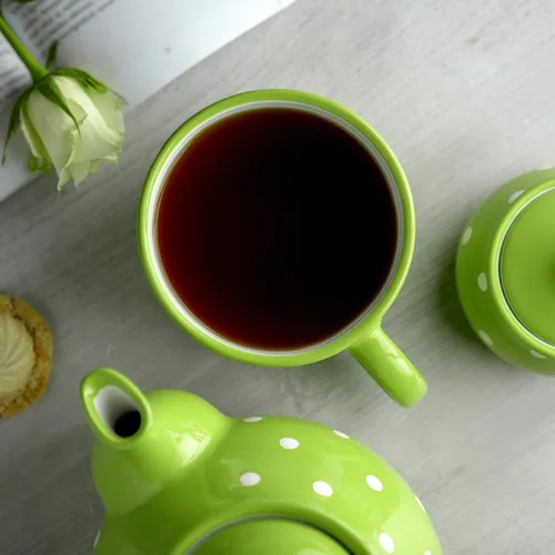 Miniatura 3 de City to Cottage Taza de cerámica hecha a mano, diseño de lunares verde lima y blanco, extra grande de 17.5 onzas, capuchino de cerámica, café, té