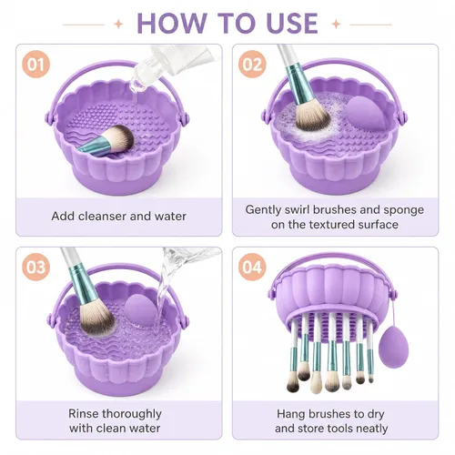 Miniatura 6 de Pinkiou Makeup Brush Cleaner Mat, 3-in-1 Silicone Cosmetic Brushes Cleaning Bowl with Hanging Drying Mesh & Holder Organizer, Multi-Texture Wash Pad