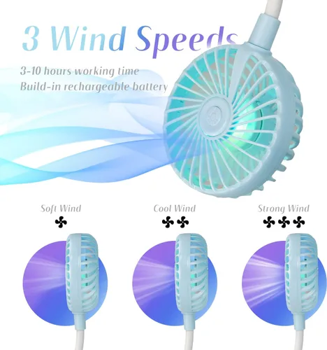 Miniatura 4 de VAGAU Ventilador de cuello de enfriamiento portátil, ventilador de cuello personal USB recargable con luces LED coloridas, rotación de 360° para Azul