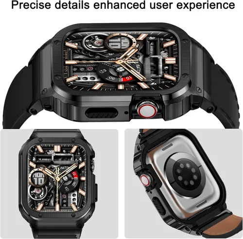 Miniatura 2 de SUPLINK Correa de cuero con funda de acero inoxidable para Apple Watch Ultra 3/2/1 y SE 3/2/1 y Series 11 10 9 8 7 6 5 4 3 2 1 1.929 in 1.811 in