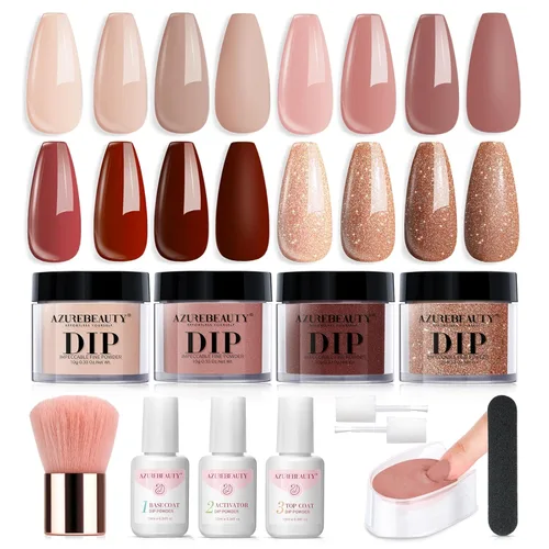 AZUREBEAUTY Kit de iniciación de uñas en polvo de inmersión, 4 colores de otoño, piel nude, marrón, purpurina, juego de líquido de polvo de