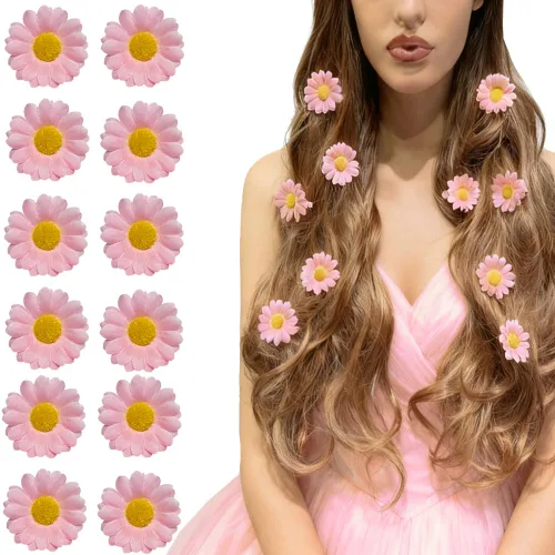 Miniatura 7 de [Paquete de 12] Pinza para el cabello lateral con mini flores de margarita dulce para mujer, accesorio para el cabello de dama de honor con flores