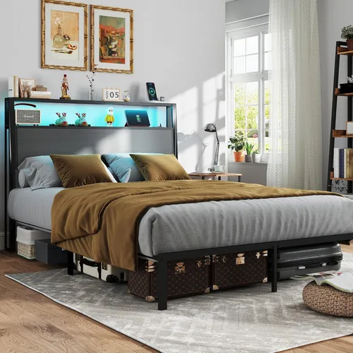 Miniatura 11 de Base de cama tamaño completo con cabecero, estructura de cama de plataforma metálica con luces LED y estación de carga, almacenamiento debajo