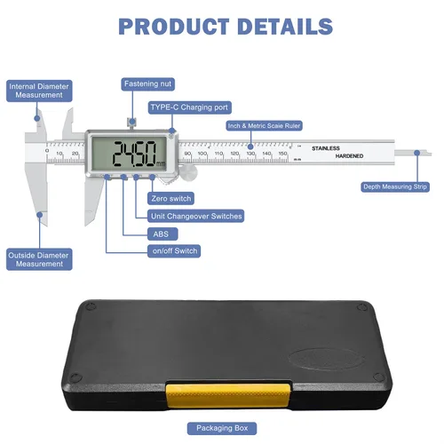 Miniatura 7 de HDLNKAK Calibre digital recargable de 6 "/ 150 mm, herramienta de medición de calibrador de conversión de pulgadas/MM con pantalla LCD grande