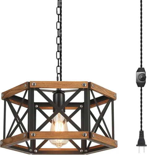 Miniatura 10 de Lámpara Colgante Rústica de Granja Grande Enchufable con Cadena Ajustable, Interruptor Regulable, Lámpara Colgante de Madera de Roble y Jaula