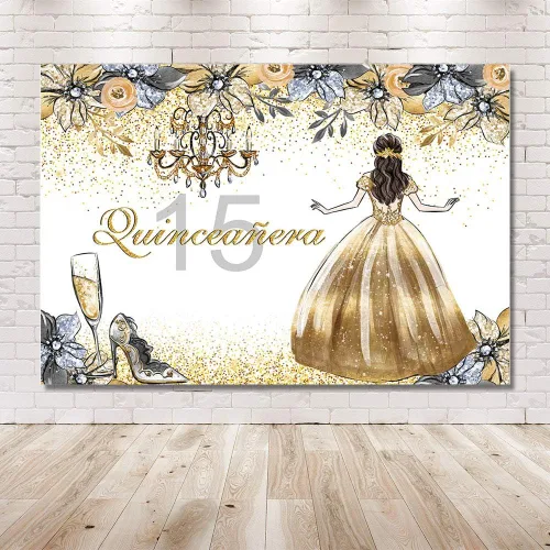 Miniatura 6 de MEHOFOTO - Fondo de cabina de estudio fotográfico de quinceañera de quinceañera con purpurina dorada y plateada floral dulce 15 membrillo niña años
