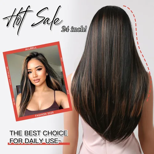 Miniatura 4 de Allbell Pelucas marrones largas negras para mujeres negras, pelucas de cabello lacio castaño oscuro con reflejos rubios, peluca larga de parte