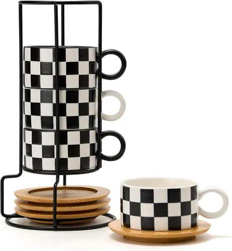 Miniatura 15 de LUKA - Juego de 4 tazas de café espresso apilables de cerámica con tablero de ajedrez en blanco y negro de 6 onzas, con platillos y soporte