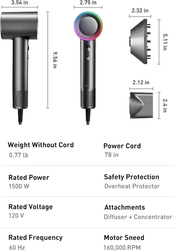 Miniatura 8 de Secador de pelo de plasma para cabello largo de mujer, estilo para hombres y uso doméstico - 110K RPM sin escobillas de secado rápido, amigable