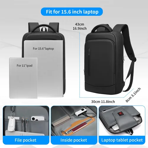 Miniatura 3 de Mochila delgada para computadora portátil de negocios para hombres de 15.6 pulgadas, ligera, protección antiimpactos, mochilas de viaje, bolsa