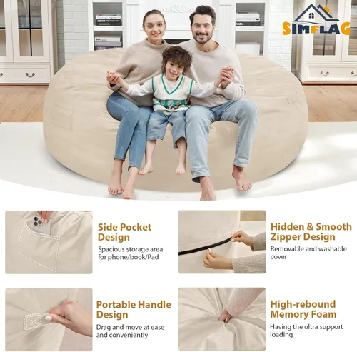 Miniatura 296 de Puf de 5 pies, puf grande con relleno de espuma viscoelástica, sofá puff esponjoso con funda de terciopelo holandés, puf redondo para sala de estar