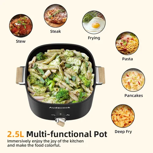 Miniatura 2 de Audecook Hot Pot Eléctrico, Multicocina antiadherente portátil de 2.5 L para 1-3 personas, sartén eléctrica de viaje con textura de panal con Negro