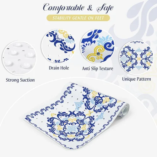 Miniatura 4 de SHUCHING - Alfombra de baño antideslizante azul para bañera de 40 x 16 pulgadas, estilo bohemio Tapete de bañera para ancianos sin moho, tapete